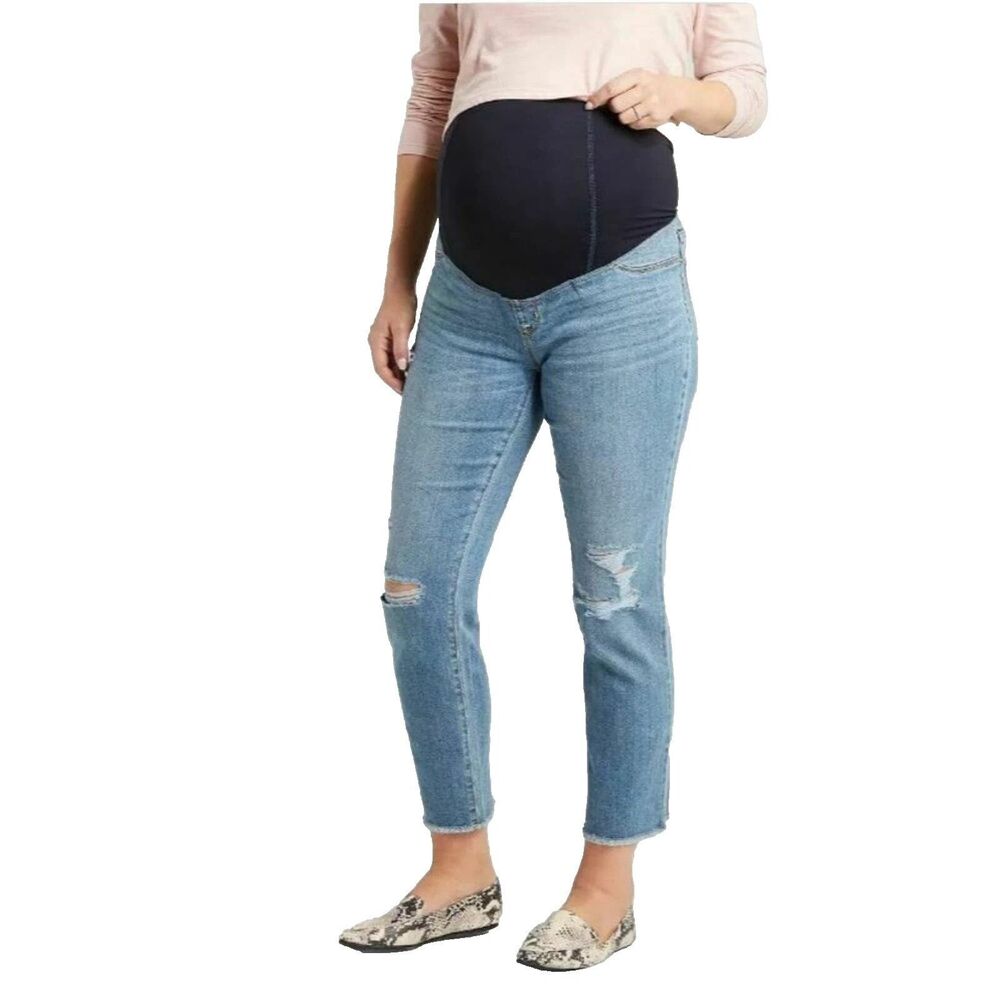 Isabel Maternity Straight Crop Crossover Panel Jeans Sz 12 Distressed NWT